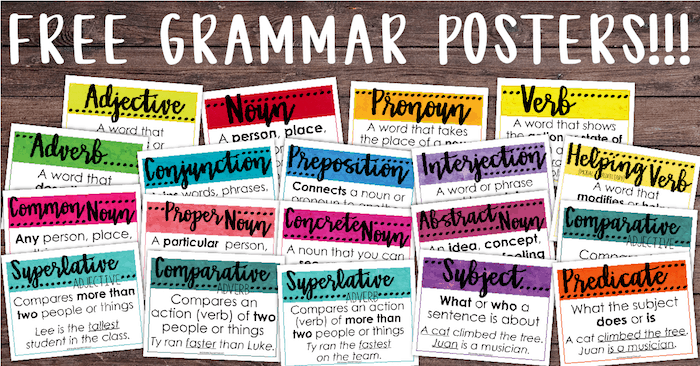 English Grammar Anchor Charts, Parts of Speech Noun, Pronoun, Adjective,  Verb, Adverb, Preposition, Conjunction, Interjection 08 Posters 