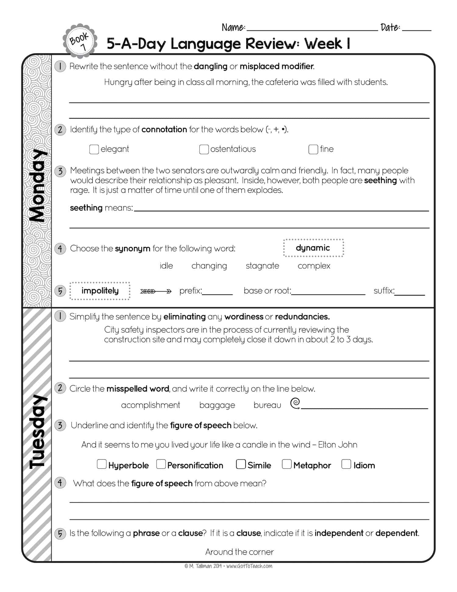7th Grade Daily Language Spiral Review Teacher Thrive