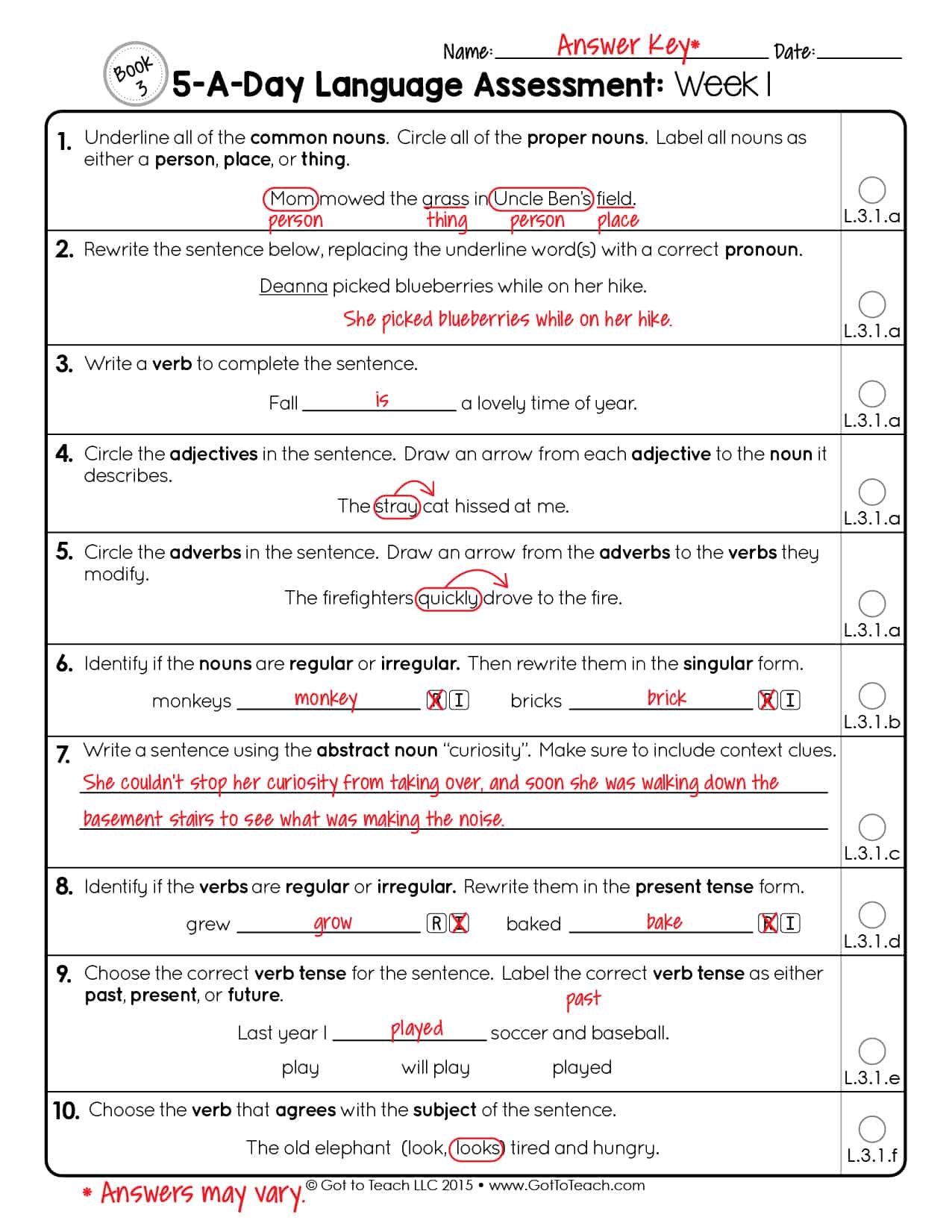 3rd Grade Weekly Language Assessments Teacher Thrive