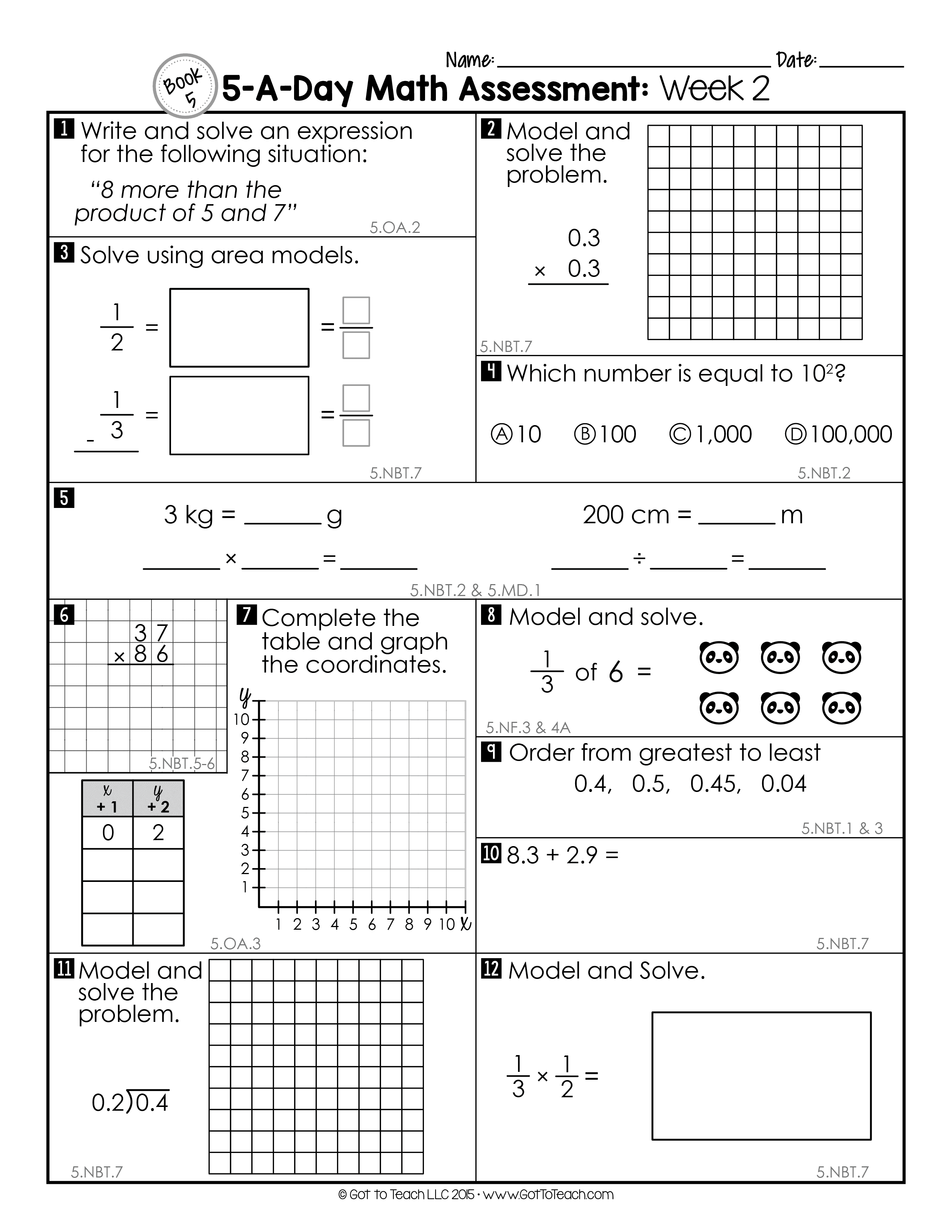 5th Grade Math Assessment Worksheet