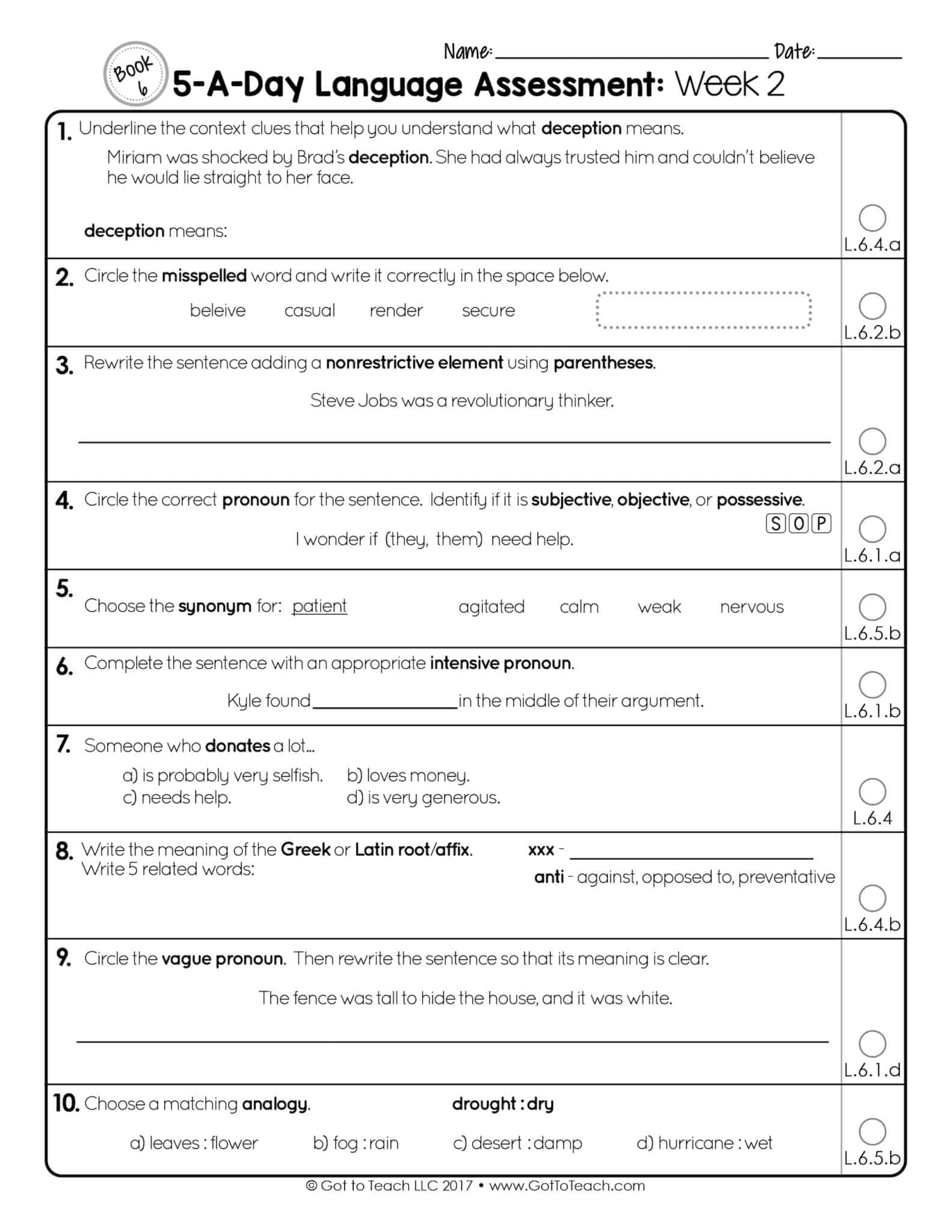 6th Grade Weekly Language Assessments Teacher Thrive