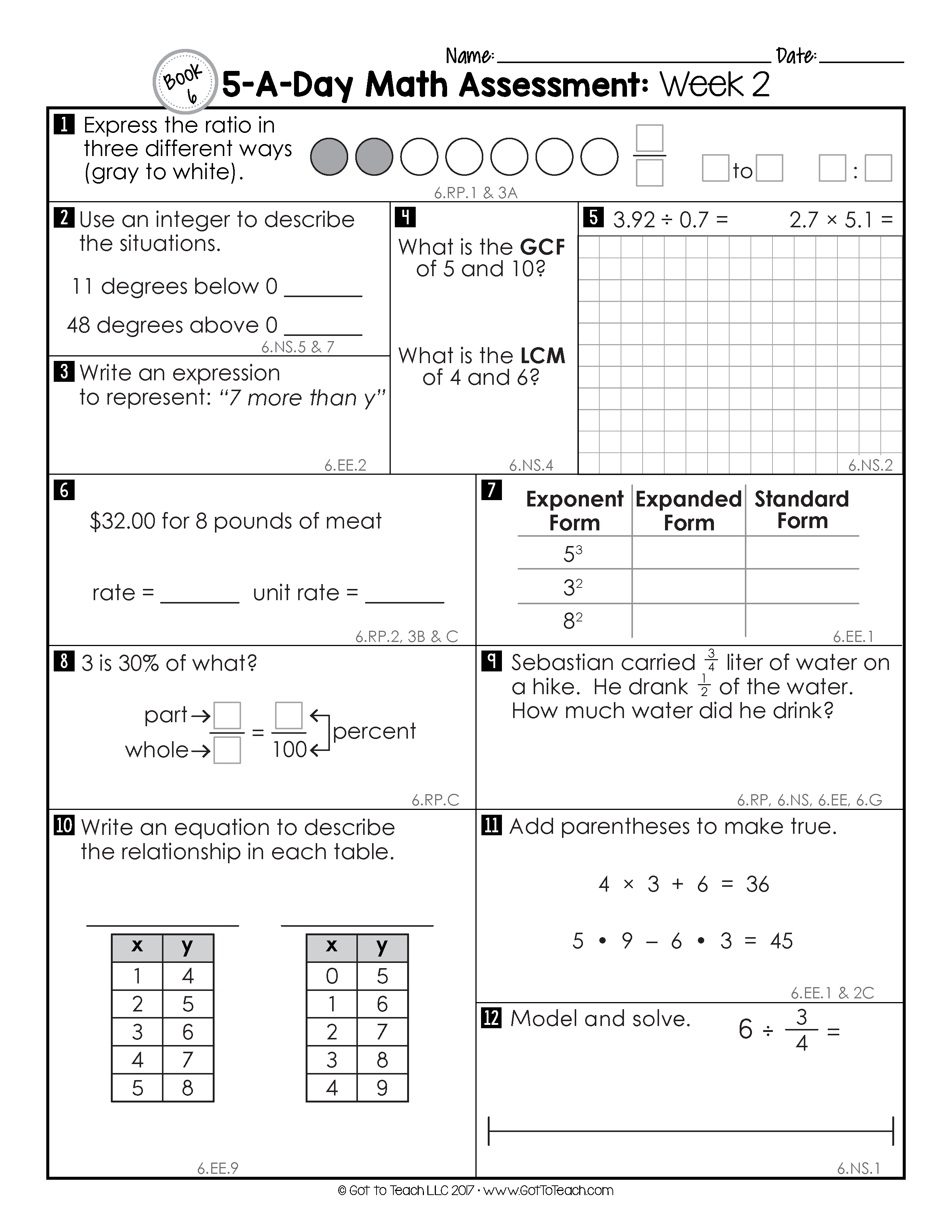6th Grade Weekly Math Assessments Teacher Thrive