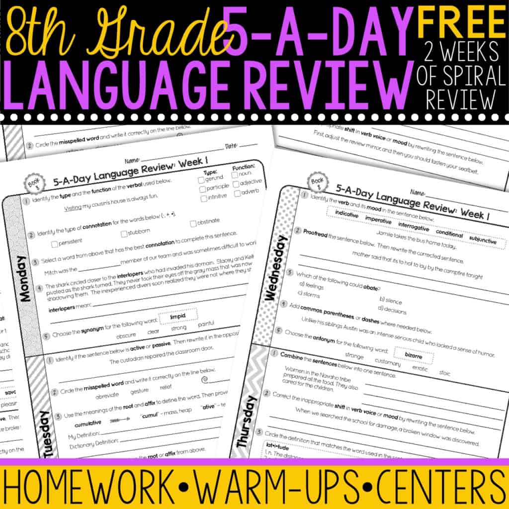 FREE 8th Grade Daily Language Spiral Review • Teacher Thrive