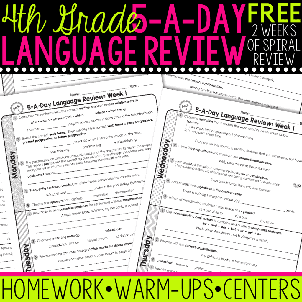 FREE 4th Grade Daily Language Spiral Review • Teacher Thrive