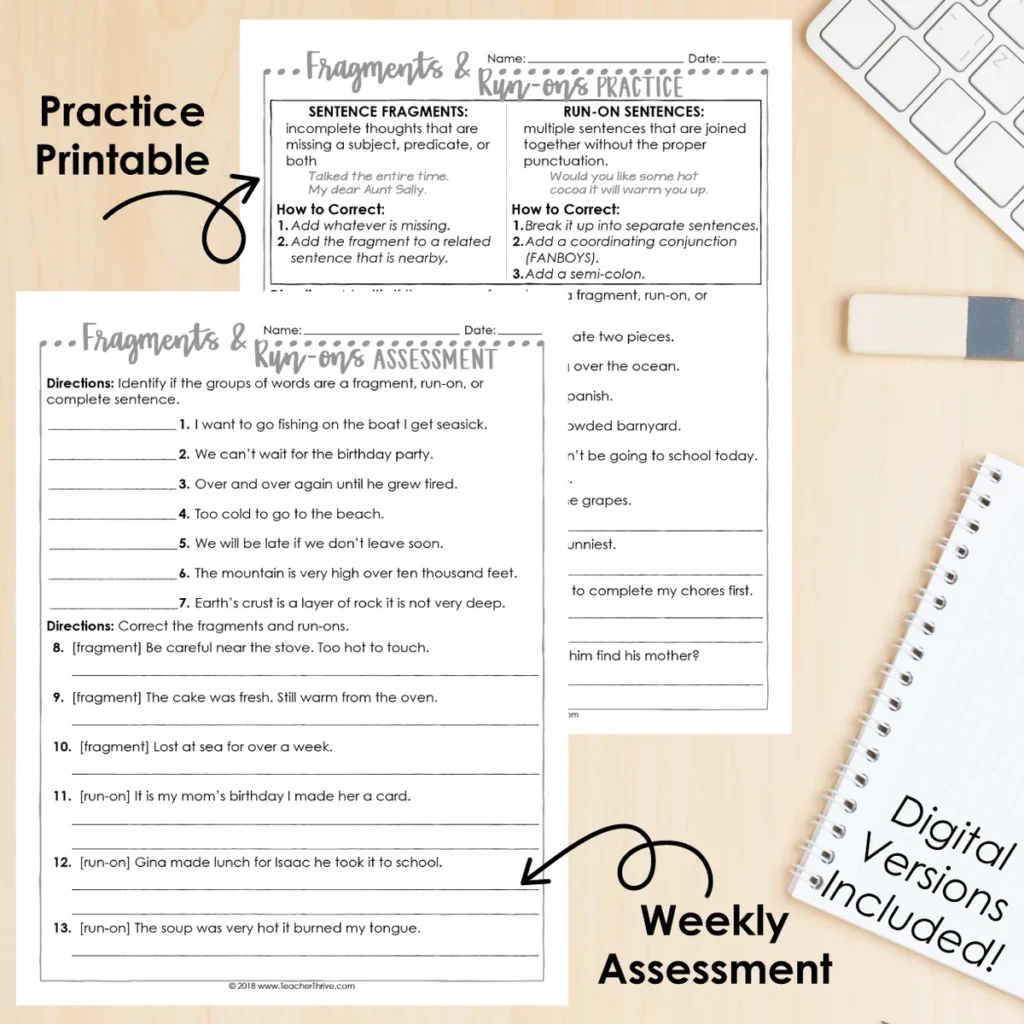 4th Grade Grammar Unit: Correcting Fragments and Run-ons — Image 2