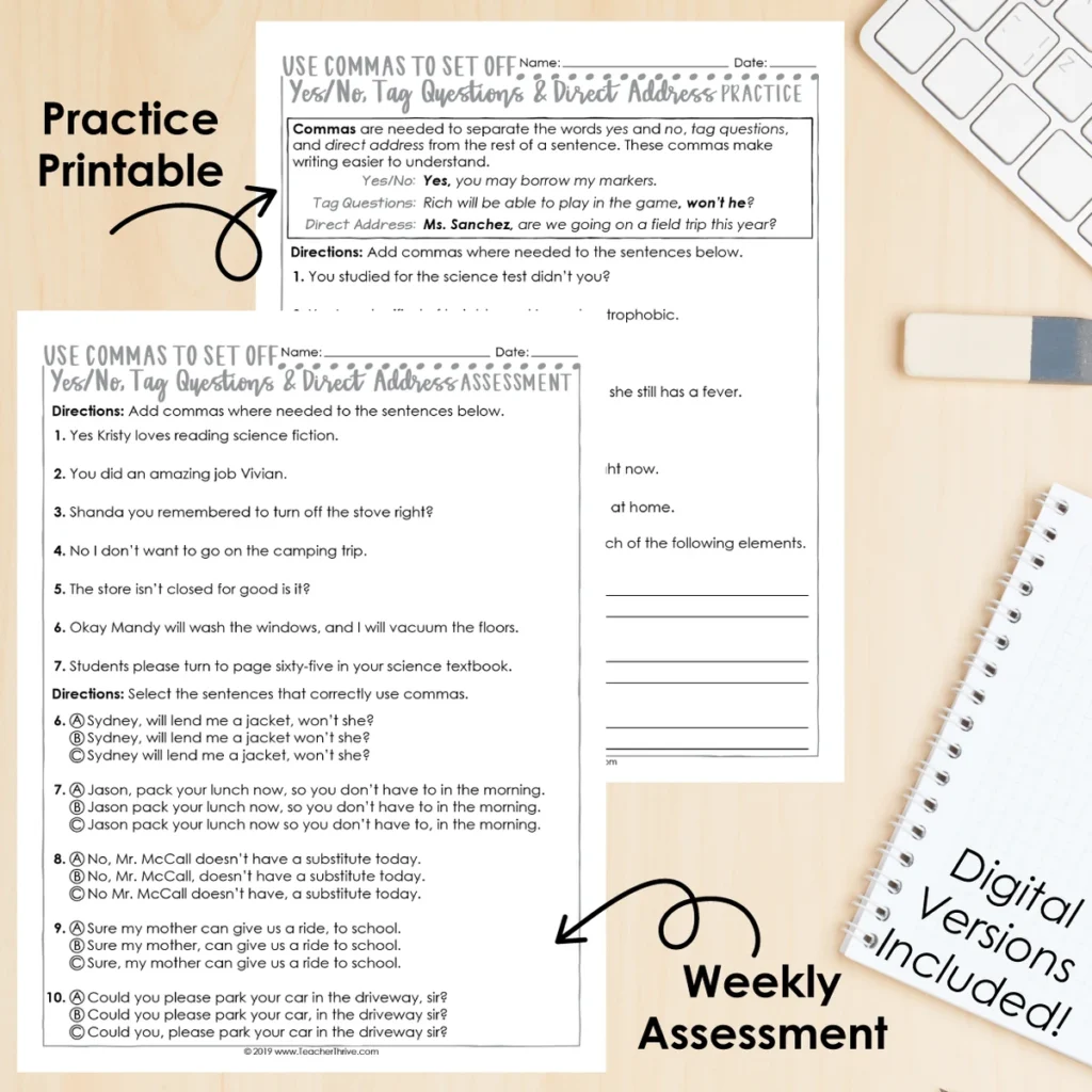 5th Grade Grammar Unit: Commas for Yes/No, Tag Questions & Direct Address — Image 2