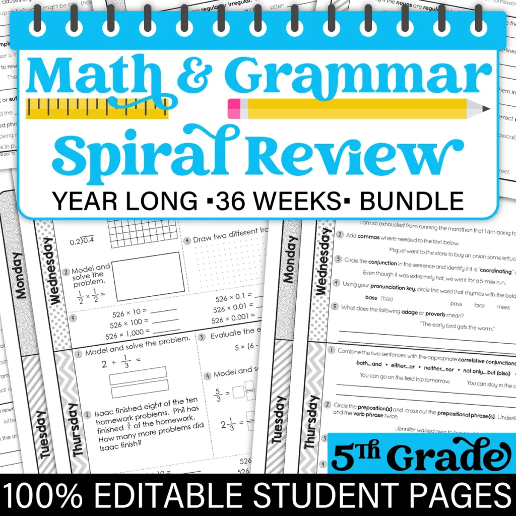 5th Grade Daily MATH and GRAMMAR Spiral Review Bundle Test Prep