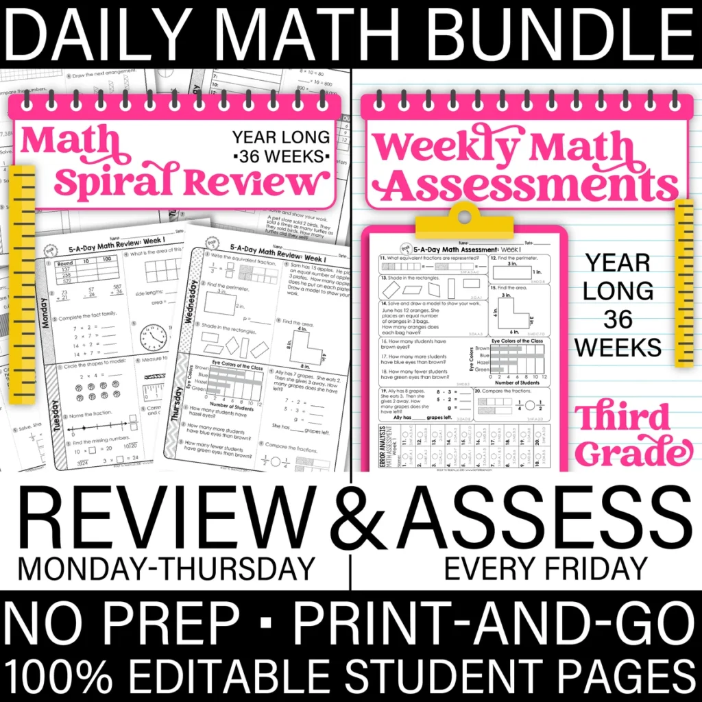 3rd Grade MATH Spiral Review & Weekly Assessments Quizzes [PRINTABLE] Test Prep