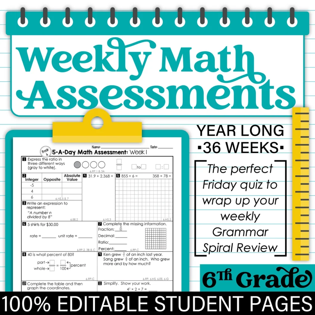 6th Grade MATH Spiral Review & Weekly Assessments Quizzes [PRINTABLE] Test Prep — Image 3
