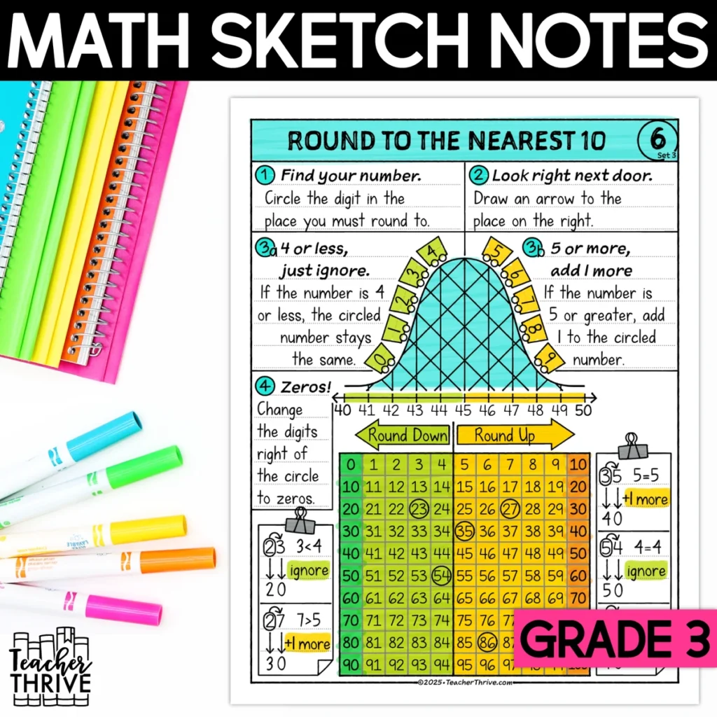 3rd Grade Math Rounding Numbers to the Nearest Ten Doodle Sketch Notes