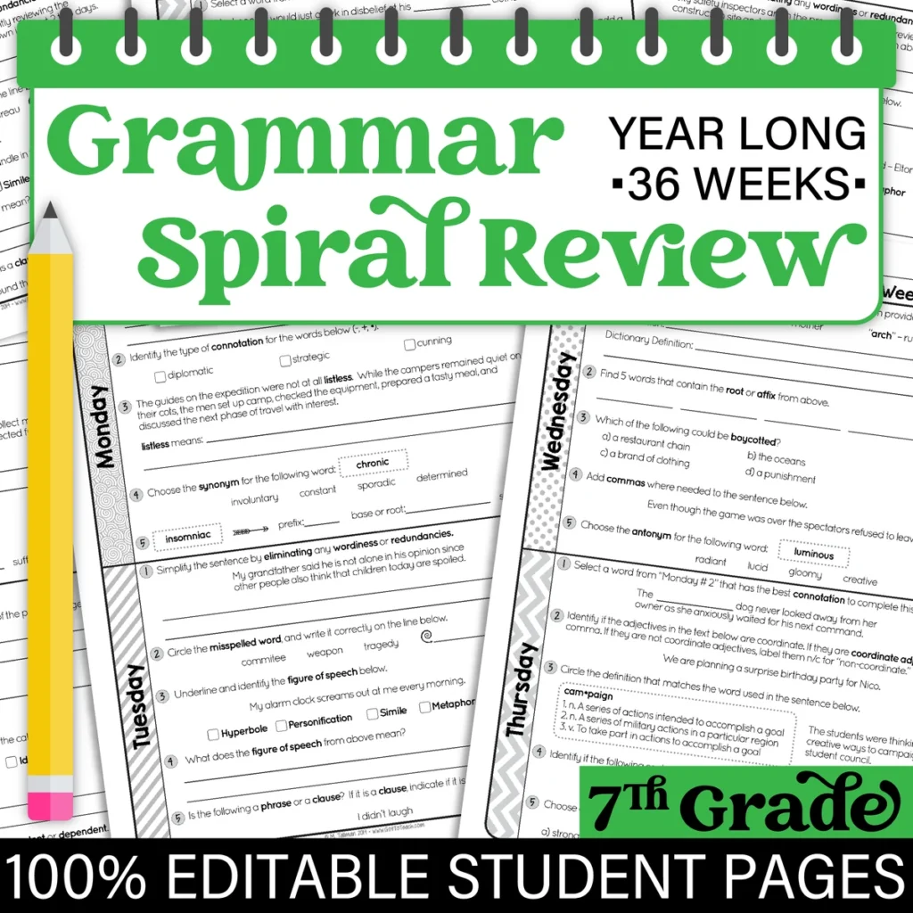 7th Grade Daily Grammar Language Spiral Review Morning Work [Editable] Test Prep
