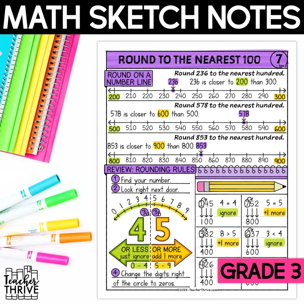 3rd Grade Math Rounding Numbers to the Nearest Hundred Doodle Sketch Notes