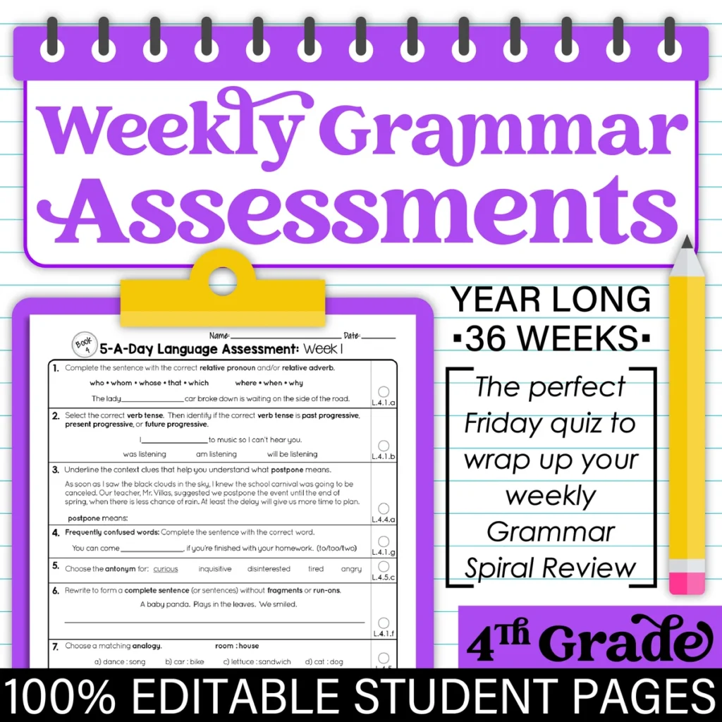 4th Grade Weekly GRAMMAR Assessments Language Quizzes Editable Test Prep