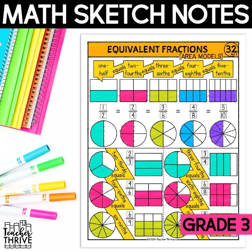 3rd Grade Math Equivalent Fractions Area Models Sketch Notes Doodle Page