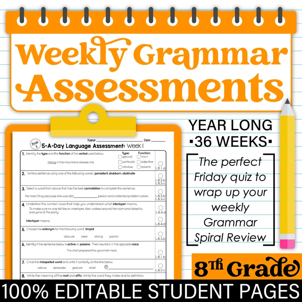 8th Grade GRAMMAR Spiral Review & Weekly Assessment BUNDLE [PRINTABLE] Test Prep — Image 3