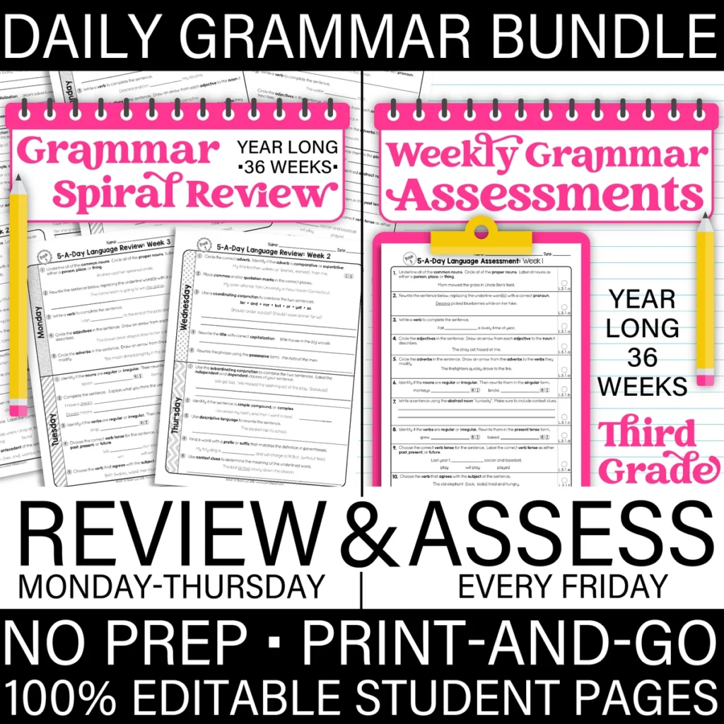 3rd Grade GRAMMAR Spiral Review & Weekly Assessment [PRINTABLE] Test Prep