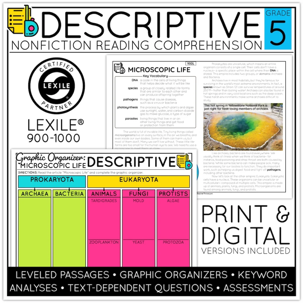 5th Grade Descriptive Nonfiction Text Structure Reading Comprehension Passages