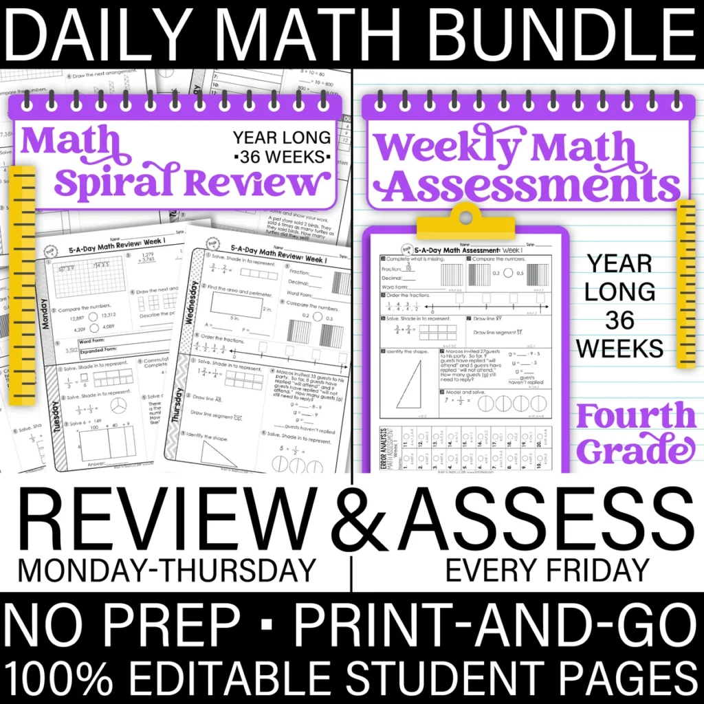 4th Grade MATH Spiral Review & Weekly Assessments Quizzes [PRINTABLE] Test Prep