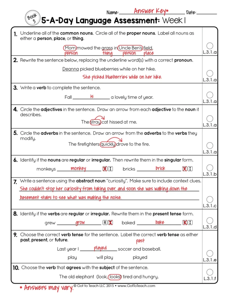 3rd Grade Weekly GRAMMAR Assessments Language Quizzes Test Prep — Image 4