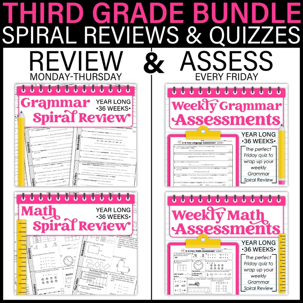 3rd Grade Daily MATH & GRAMMAR Spiral Review & Assessment BUNDLE Test Prep