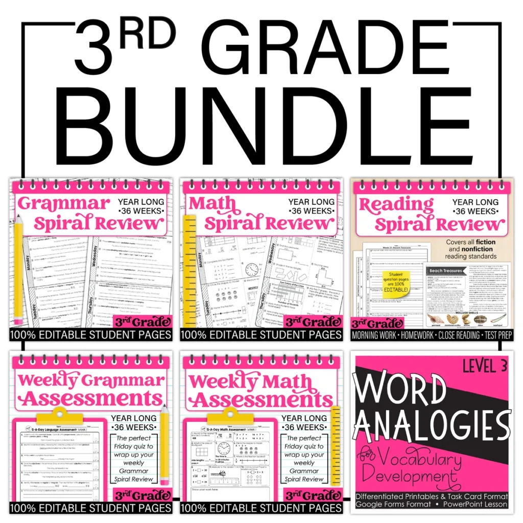 Third Grade Bundle: Language, Grammar, Math, and Reading