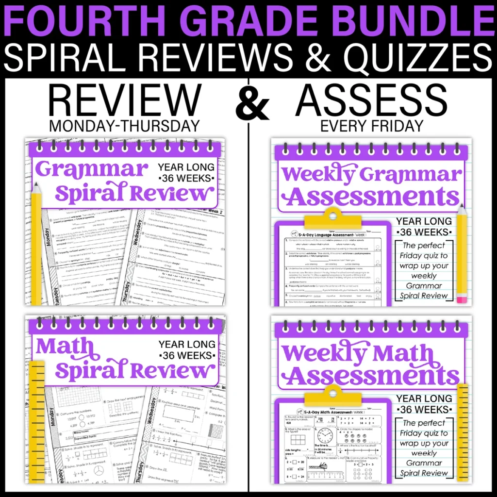 4th Grade Daily MATH & GRAMMAR Spiral Review & Assessment BUNDLE Test Prep