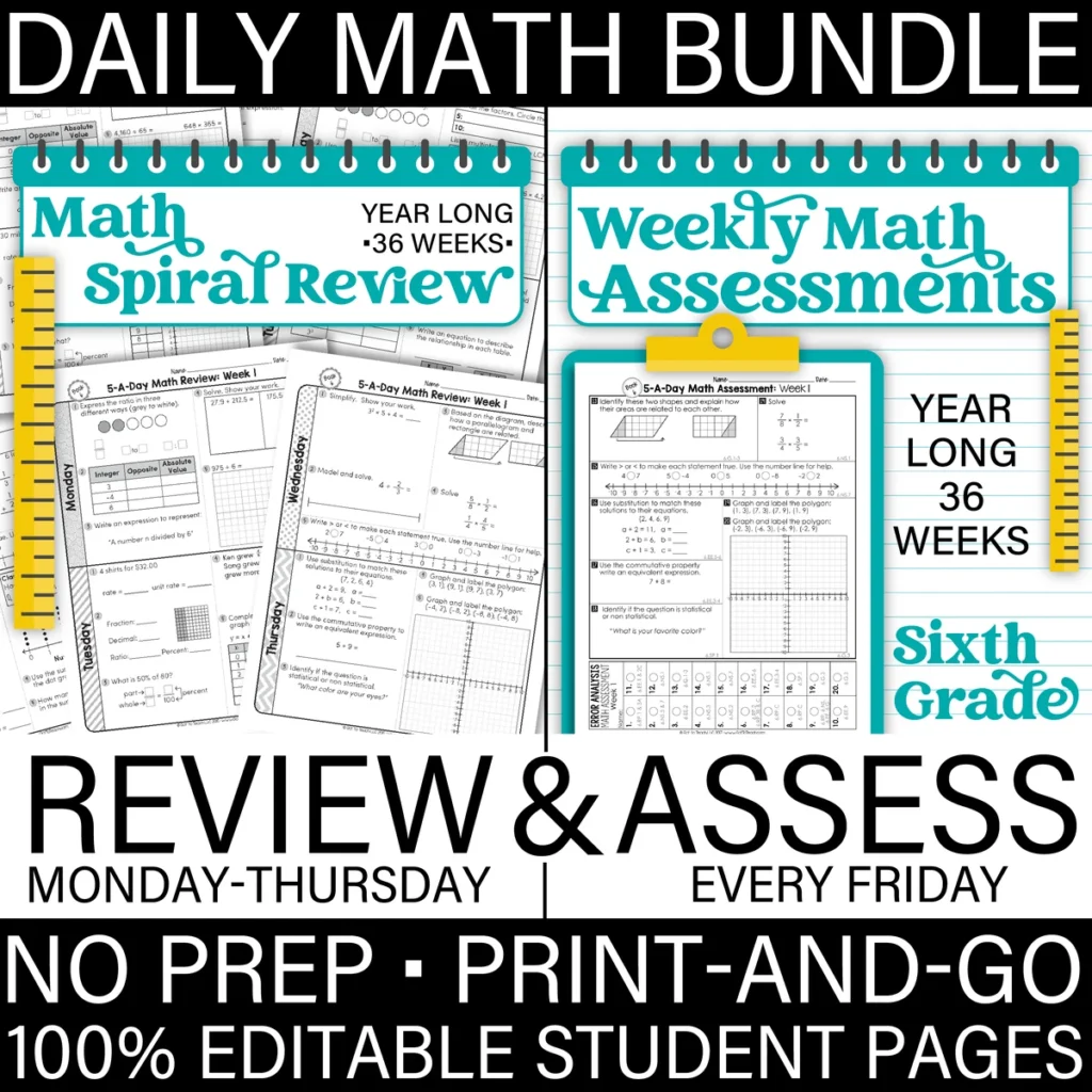 6th Grade MATH Spiral Review & Weekly Assessments Quizzes [PRINTABLE] Test Prep