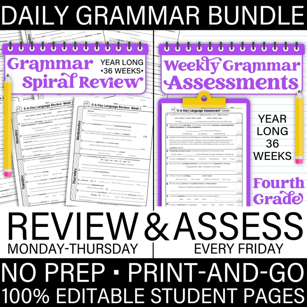 4th Grade GRAMMAR Spiral Review & Weekly Assessment [PRINTABLE] Test Prep