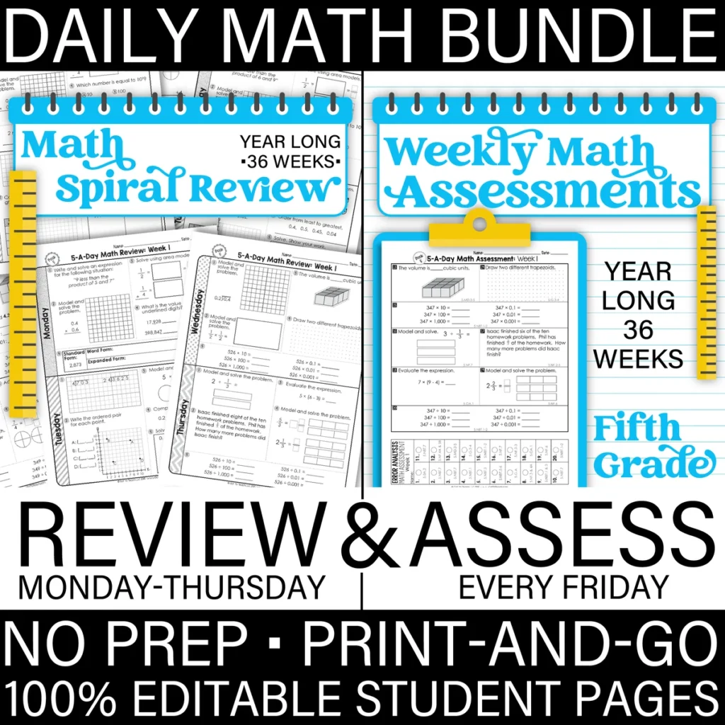 5th Grade MATH Spiral Review & Weekly Assessments Quizzes [PRINTABLE] Test Prep
