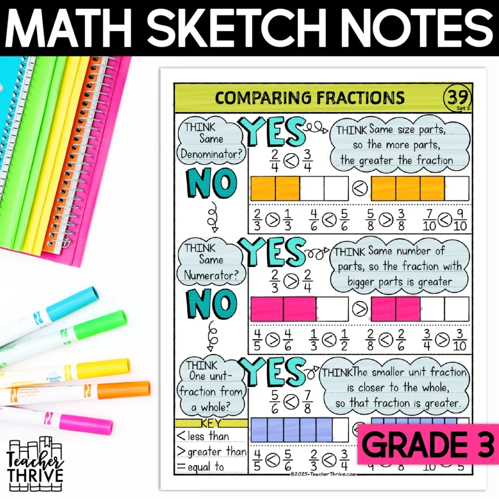 3rd Grade Math Strategies for Comparing Fractions Sketch Notes Doodle Page