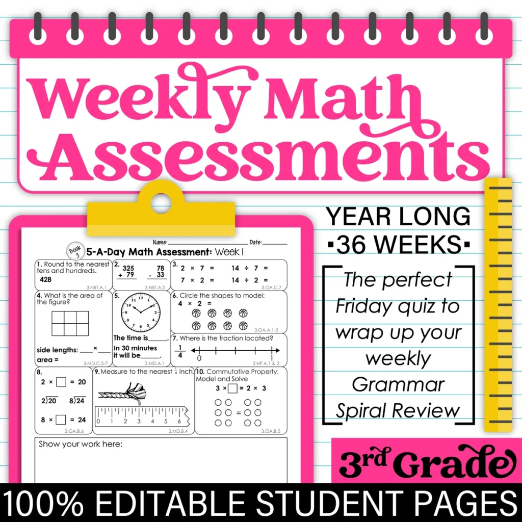 3rd Grade MATH Spiral Review & Weekly Assessments Quizzes [PRINTABLE] Test Prep — Image 3