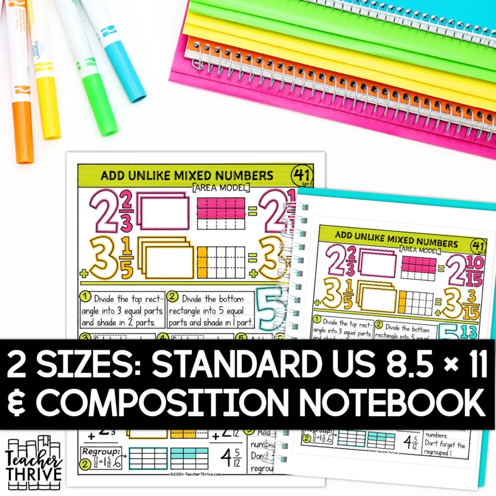 5th Grade Math Add Mixed Numbers Unlike Denominators Area Model Sketch Notes — Image 2