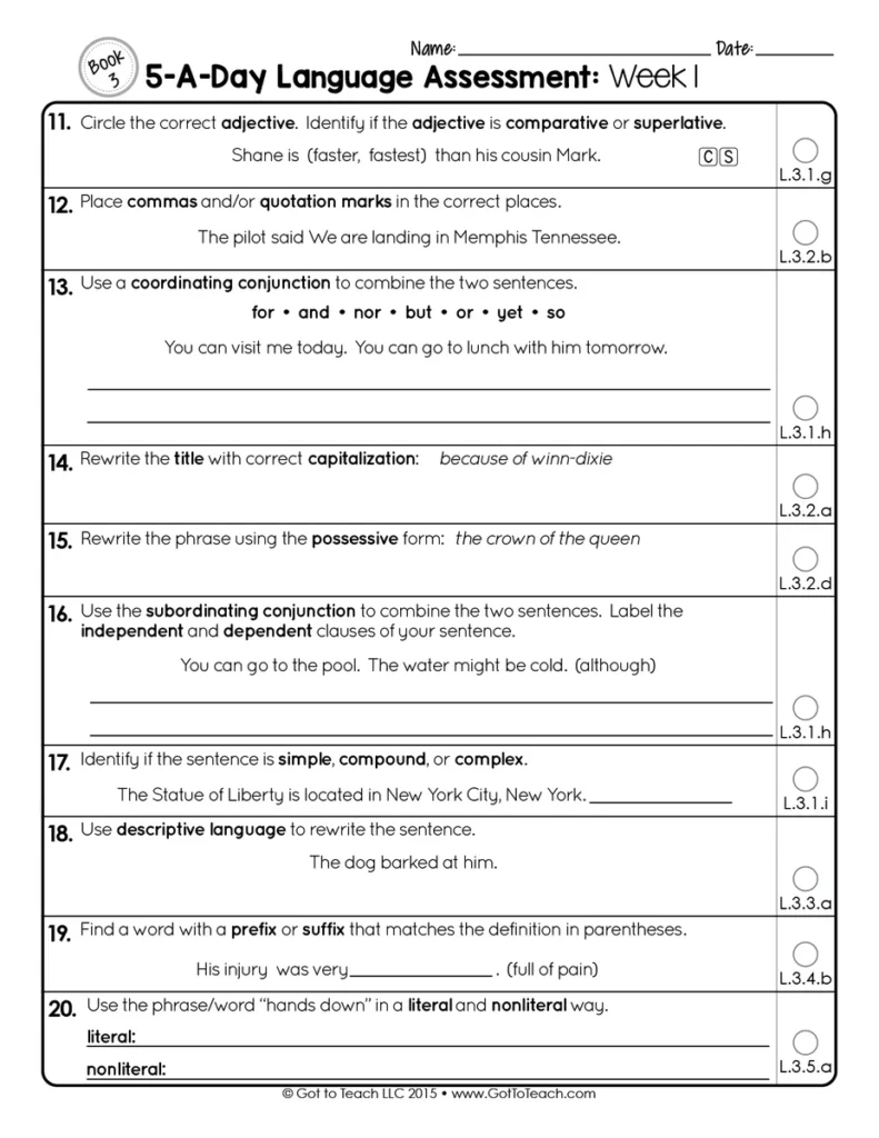 3rd Grade Weekly GRAMMAR Assessments Language Quizzes Test Prep — Image 3