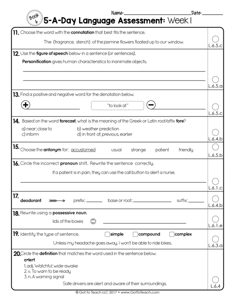 6th Grade Weekly GRAMMAR Assessments Language Quizzes Editable Test Prep — Image 3