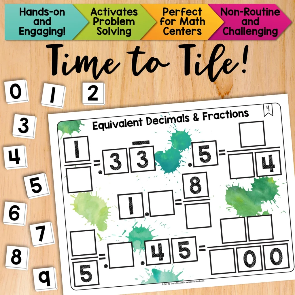 Equivalent Decimals and Fractions Math Centers Math Tiles
