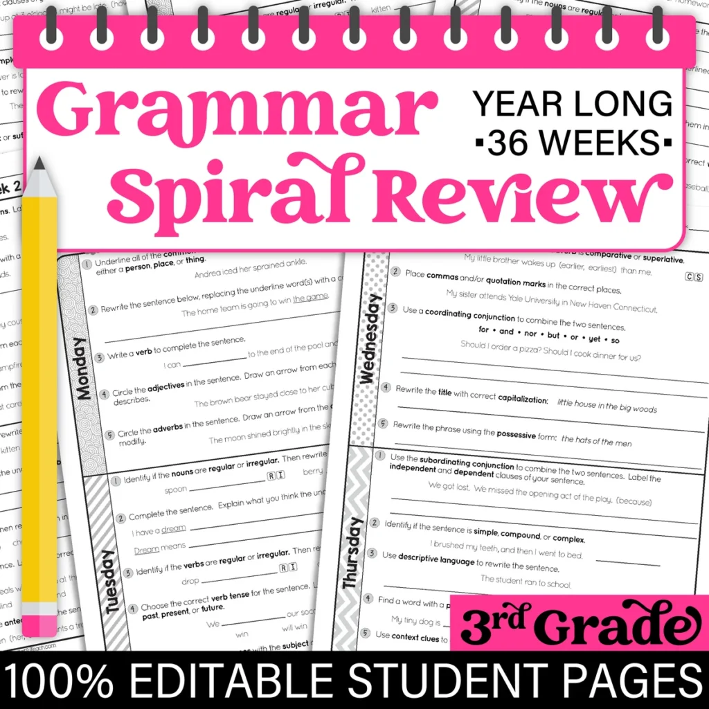 3rd Grade Daily GRAMMAR Language Spiral Review Morning Work [Editable] Test Prep