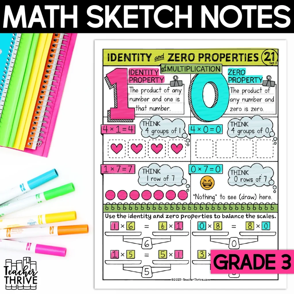 3rd Grade Math Identification and Zero Property Multiplication Sketch Notes