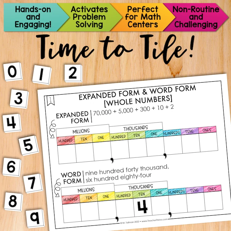 Expanded Form & Word Form [Whole Numbers] Math Center Math Tiles