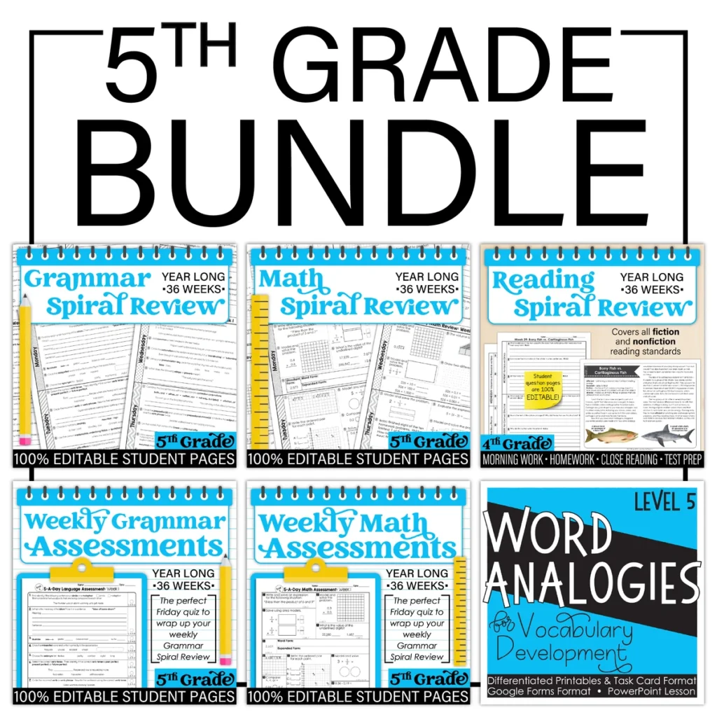 Fifth Grade Bundle: Language, Grammar, Math, and Reading