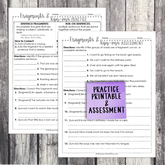 4th Grade Grammar Unit: Correcting Fragments and Run-ons — Image 2