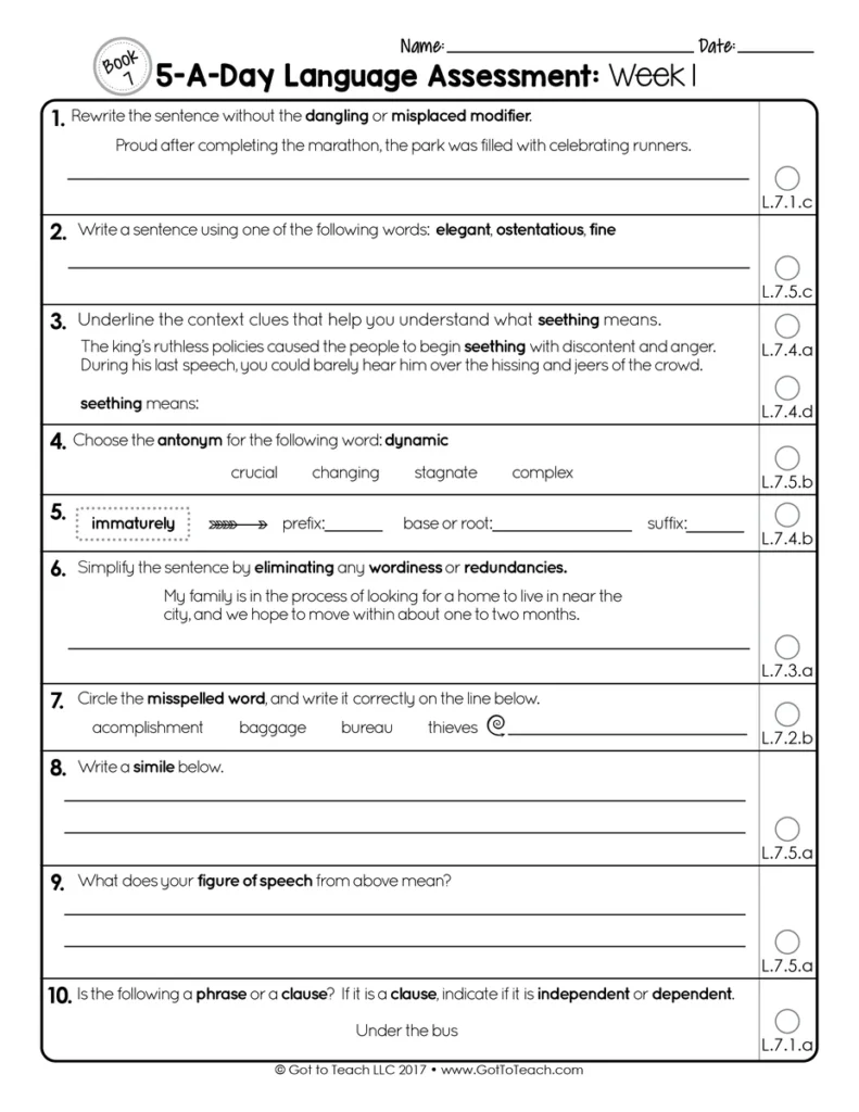 7th Grade Weekly Language Assessments Grammar Quizzes Editable Test Prep — Image 2