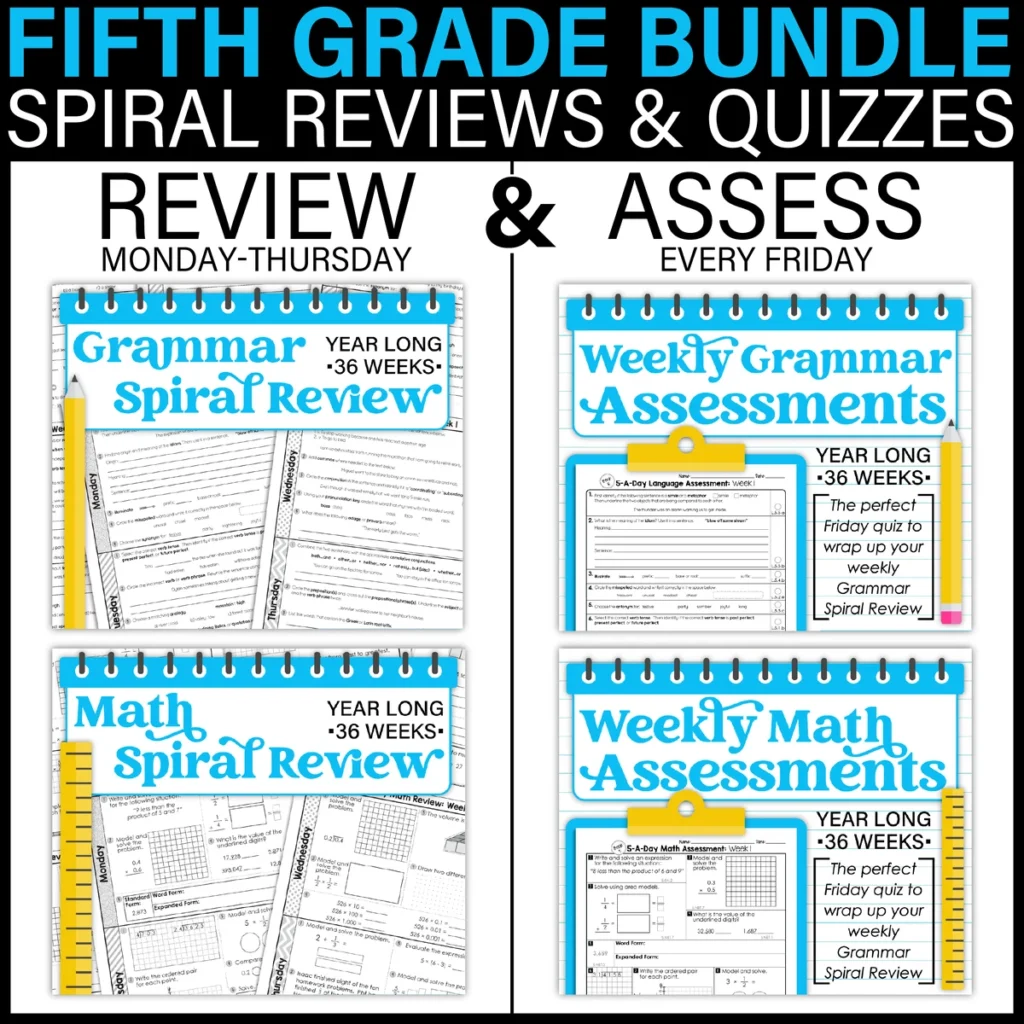 5th Grade Daily MATH & GRAMMAR Spiral Review & Assessment BUNDLE Test Prep