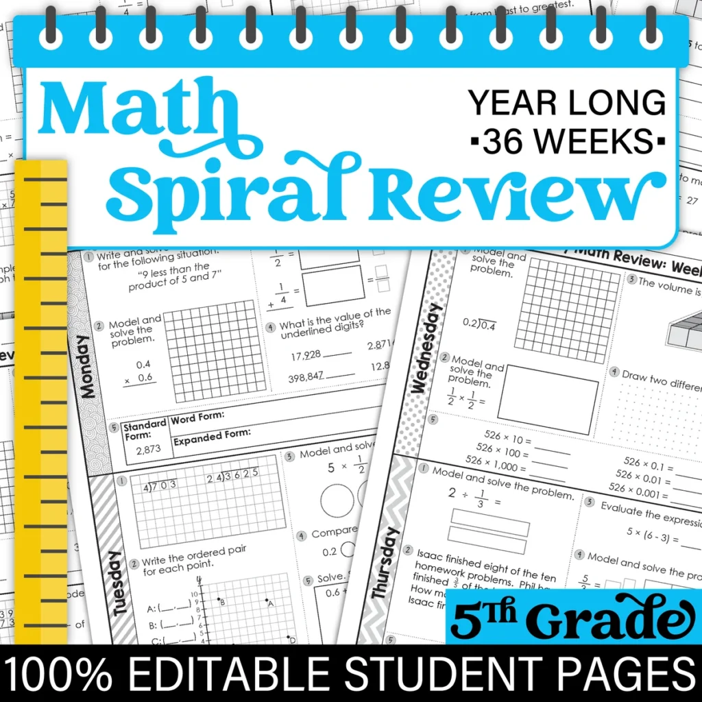 5th Grade Daily MATH Spiral Review Morning Work [Editable] Test Prep