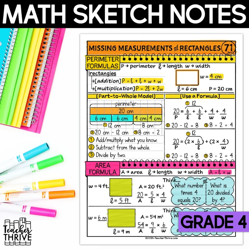 4th Grade Math Finding Missing Measurements of Rectangles Doodle Sketch Notes — Cover