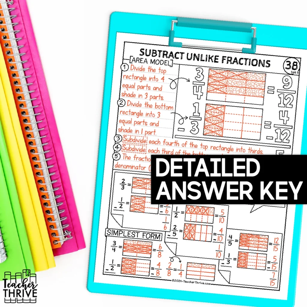 5th Grade Math Subtract Fractions Unlike Denominators Area Model Sketch Notes — Image 4