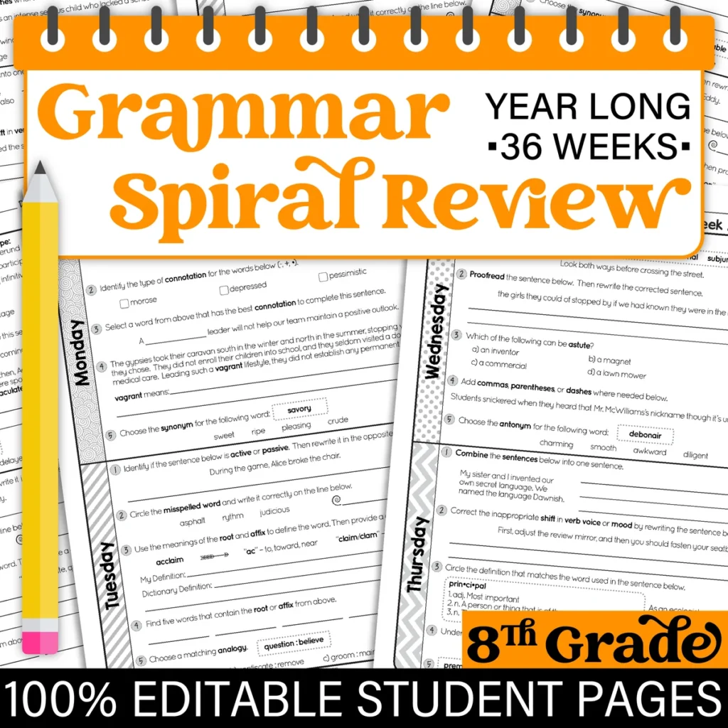 8th Grade Daily Grammar Language Spiral Review Morning Work [Editable] Test Prep
