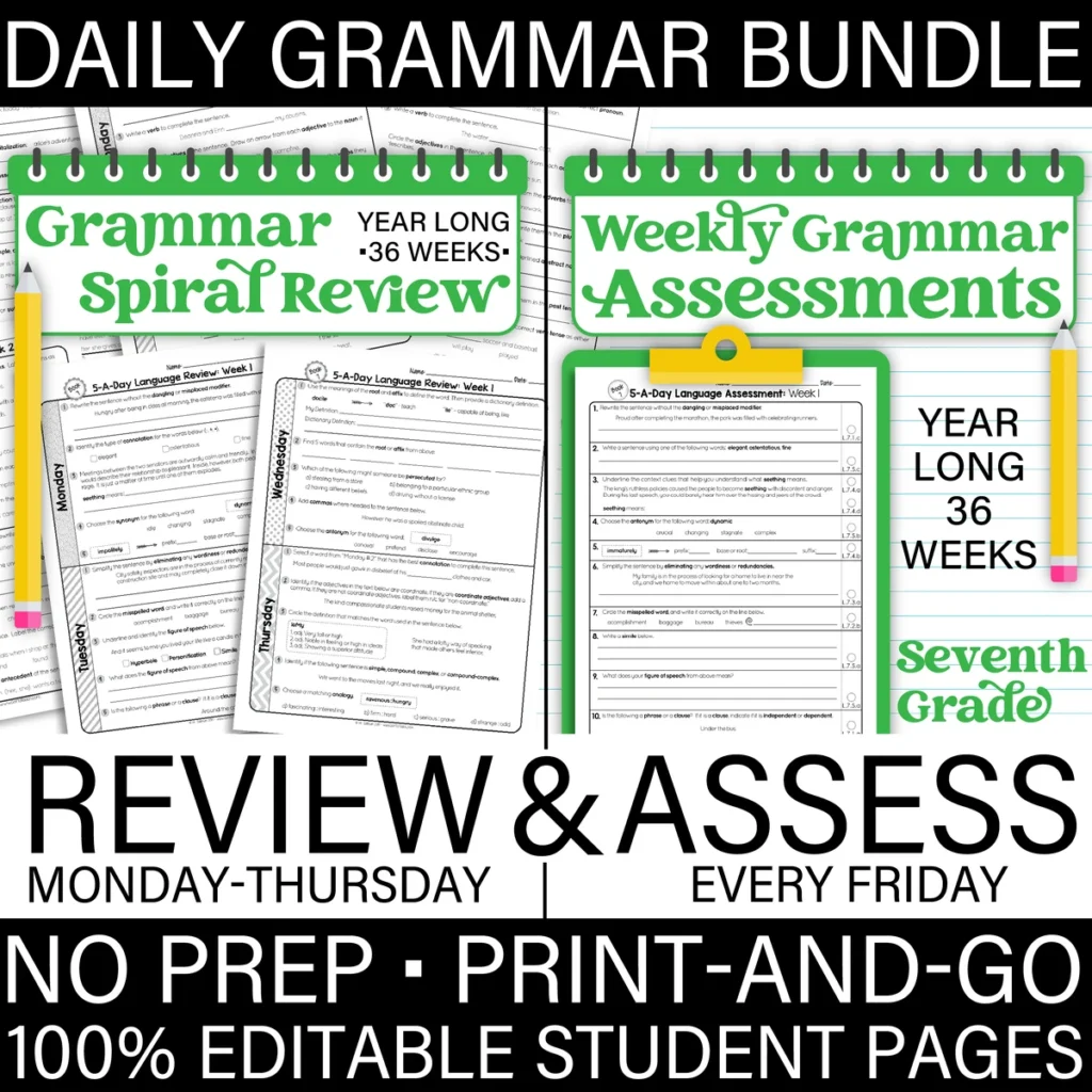7th Grade GRAMMAR Spiral Review & Weekly Assessment BUNDLE [PRINTABLE] Test Prep