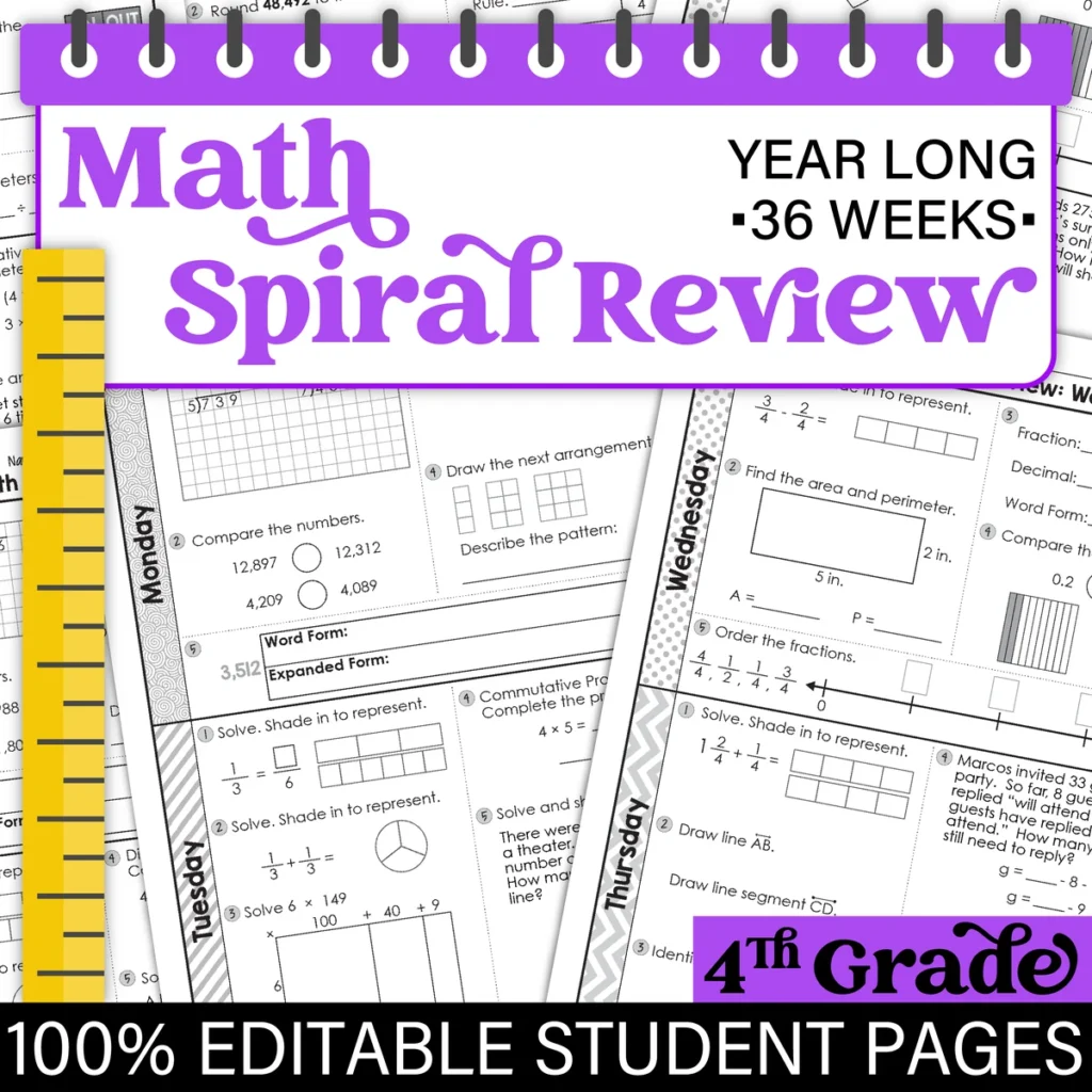 4th Grade Daily MATH Spiral Review Morning Work [Editable] Test Prep