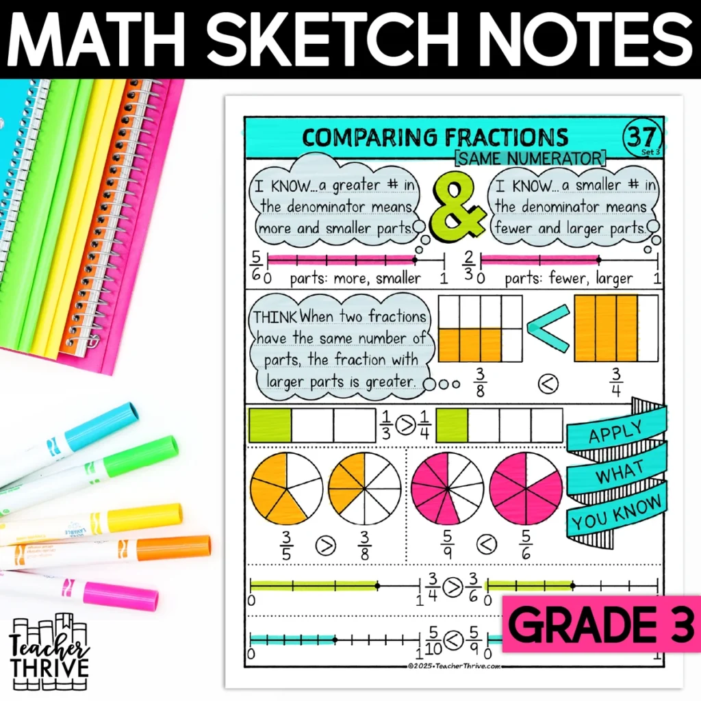 3rd Grade Math Comparing Fractions with Like Numerators Sketch Notes Doodle