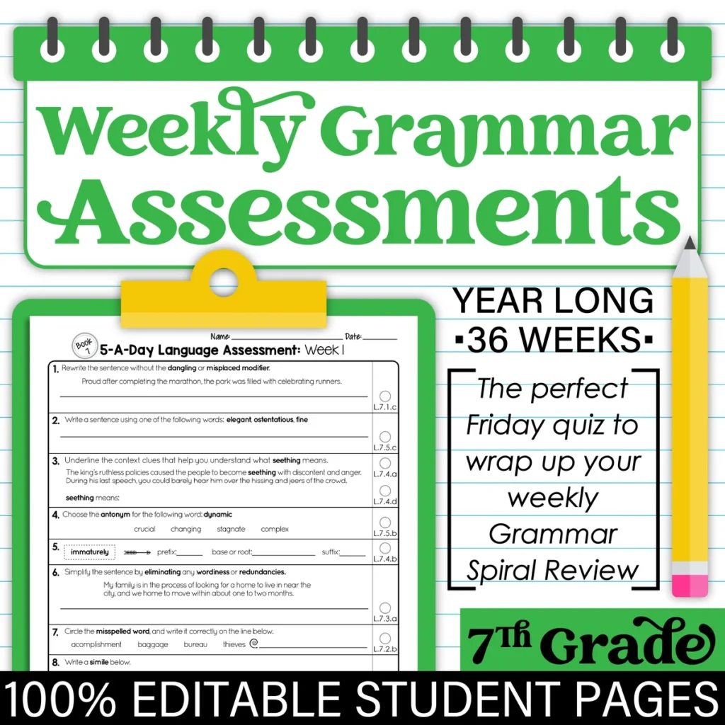 7th Grade GRAMMAR Spiral Review & Weekly Assessment BUNDLE [PRINTABLE] Test Prep — Image 3